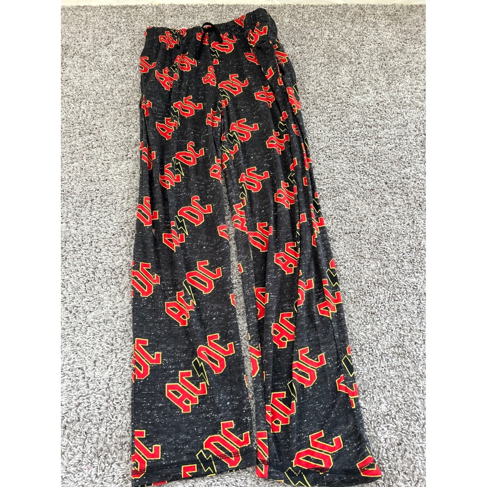 AC/DC Mens Lounge Pants Medium Charcoal Gray Red All Over Logo Pajama Bottoms
